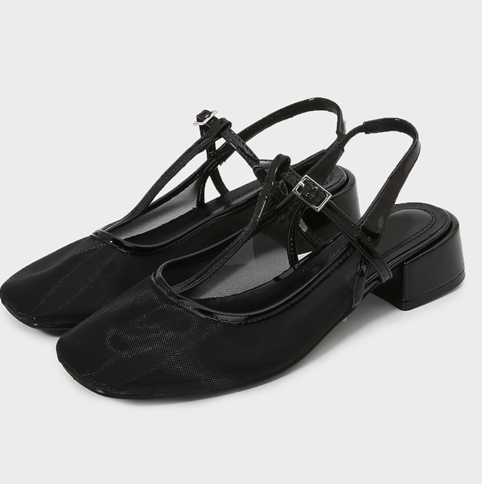 Black Hollowed Mesh Buckled Sandals