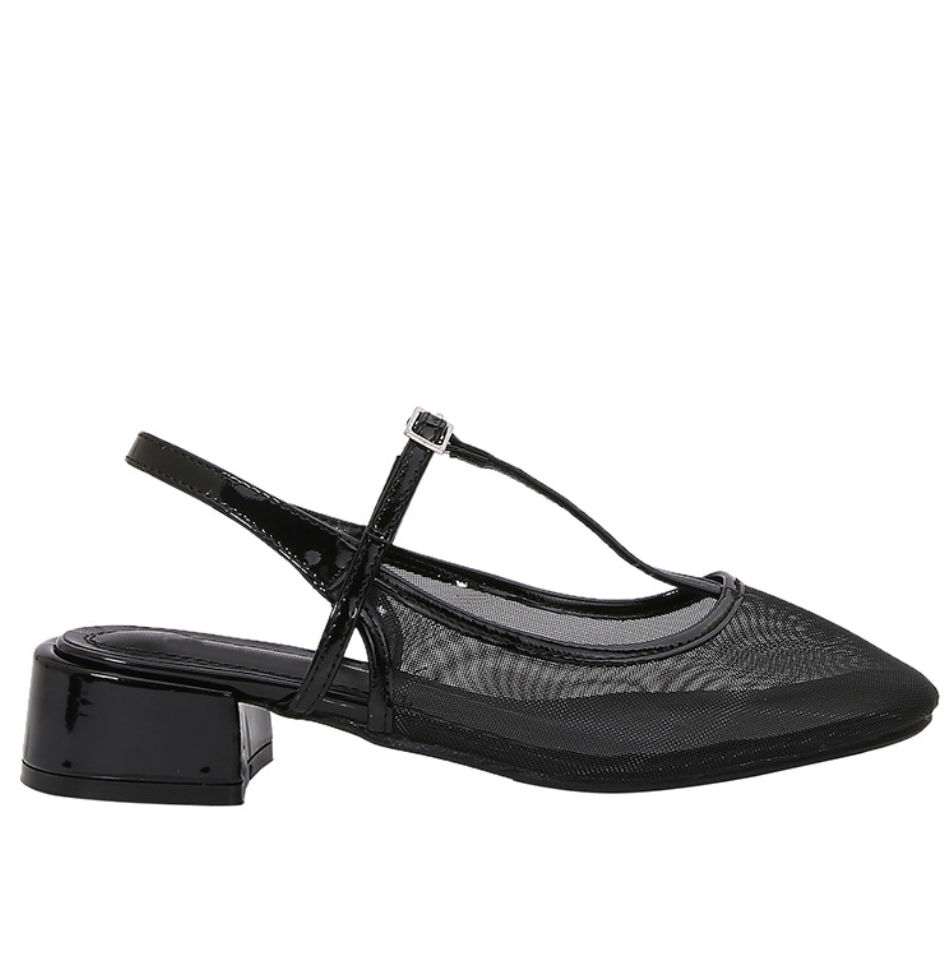 Black Hollowed Mesh Buckled Sandals