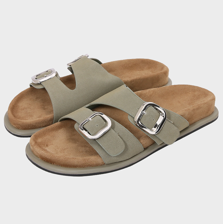 Double Buckles decorated Suede Thick-sole Slippers