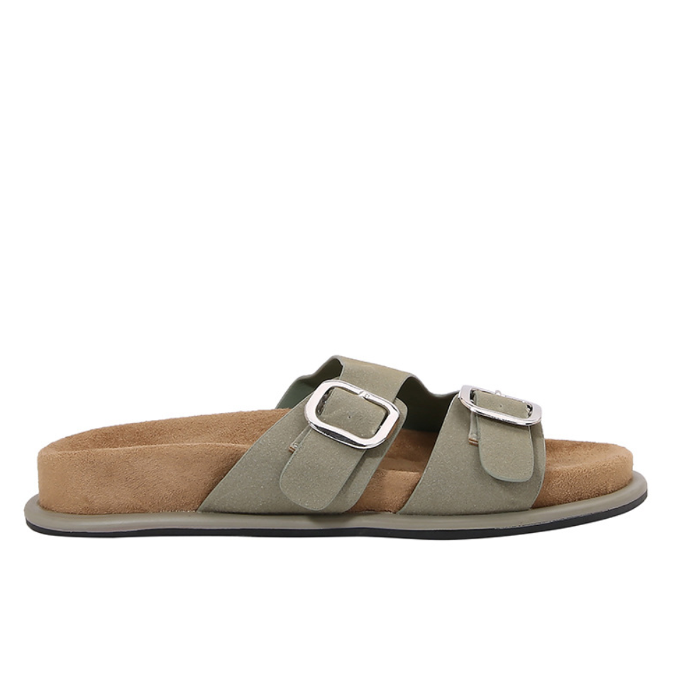 Double Buckles decorated Suede Thick-sole Slippers