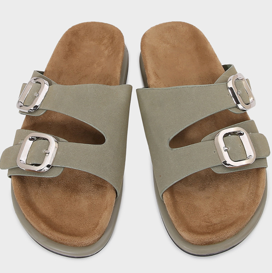 Double Buckles decorated Suede Thick-sole Slippers
