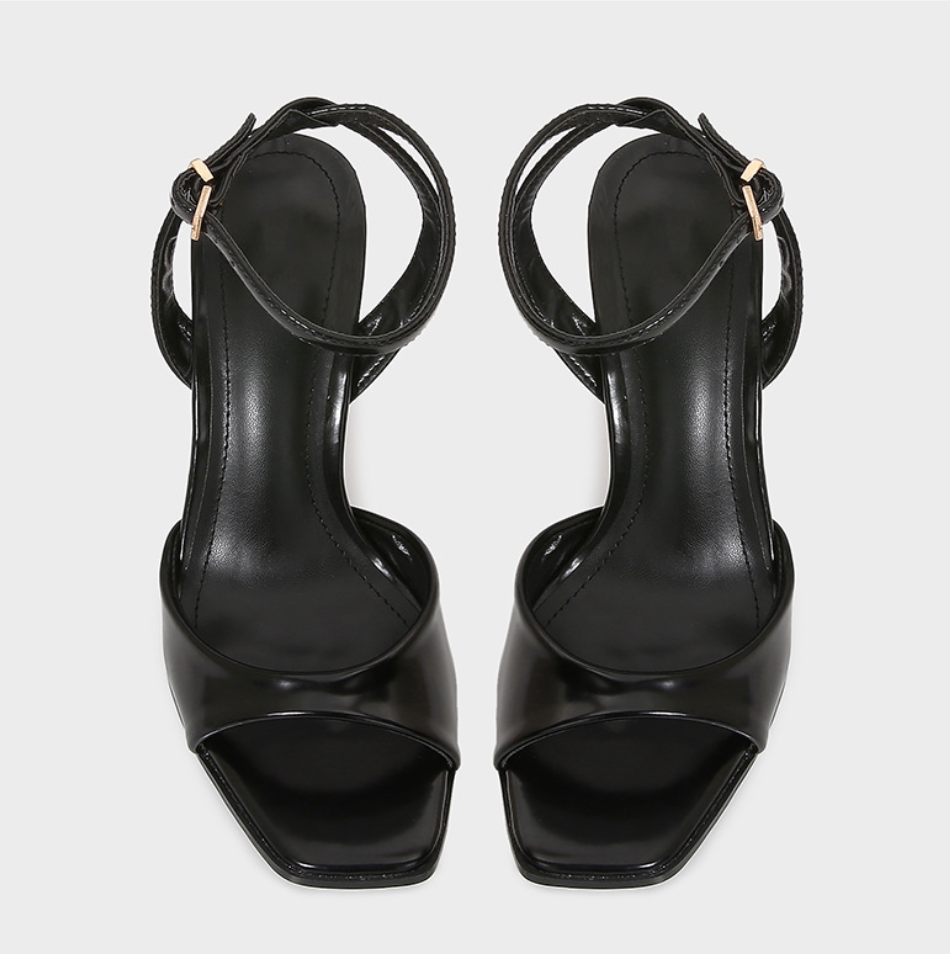 Black Patent Leather Buckle Strap High-heel Sandals