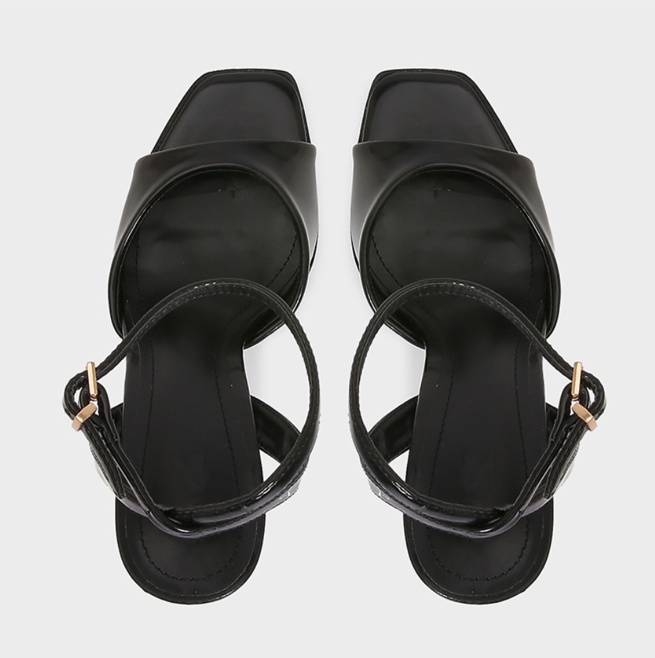 Black Patent Leather Buckle Strap High-heel Sandals