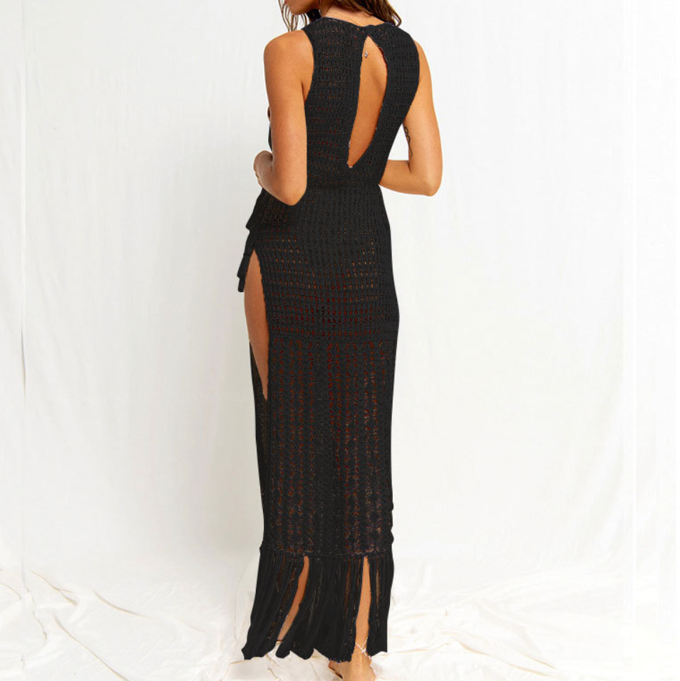 Hollowed Knit Fringed Outwear Beach Dress