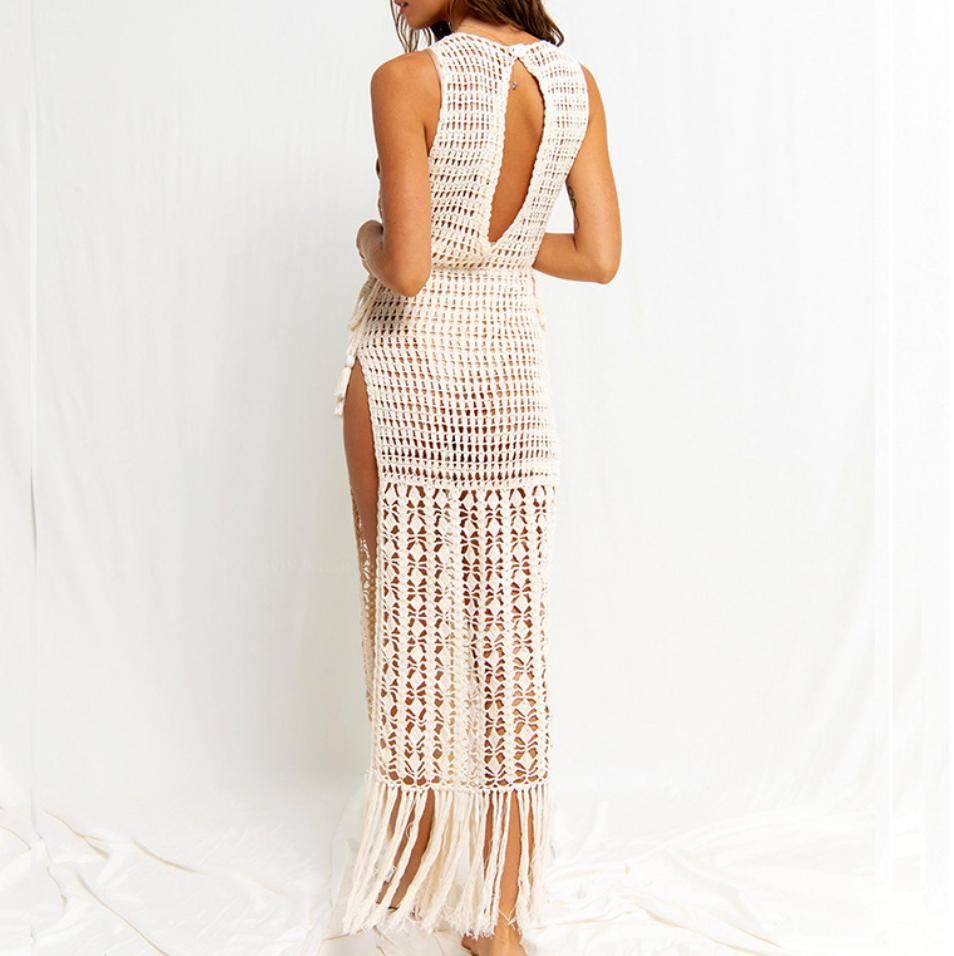 Hollowed Knit Fringed Outwear Beach Dress