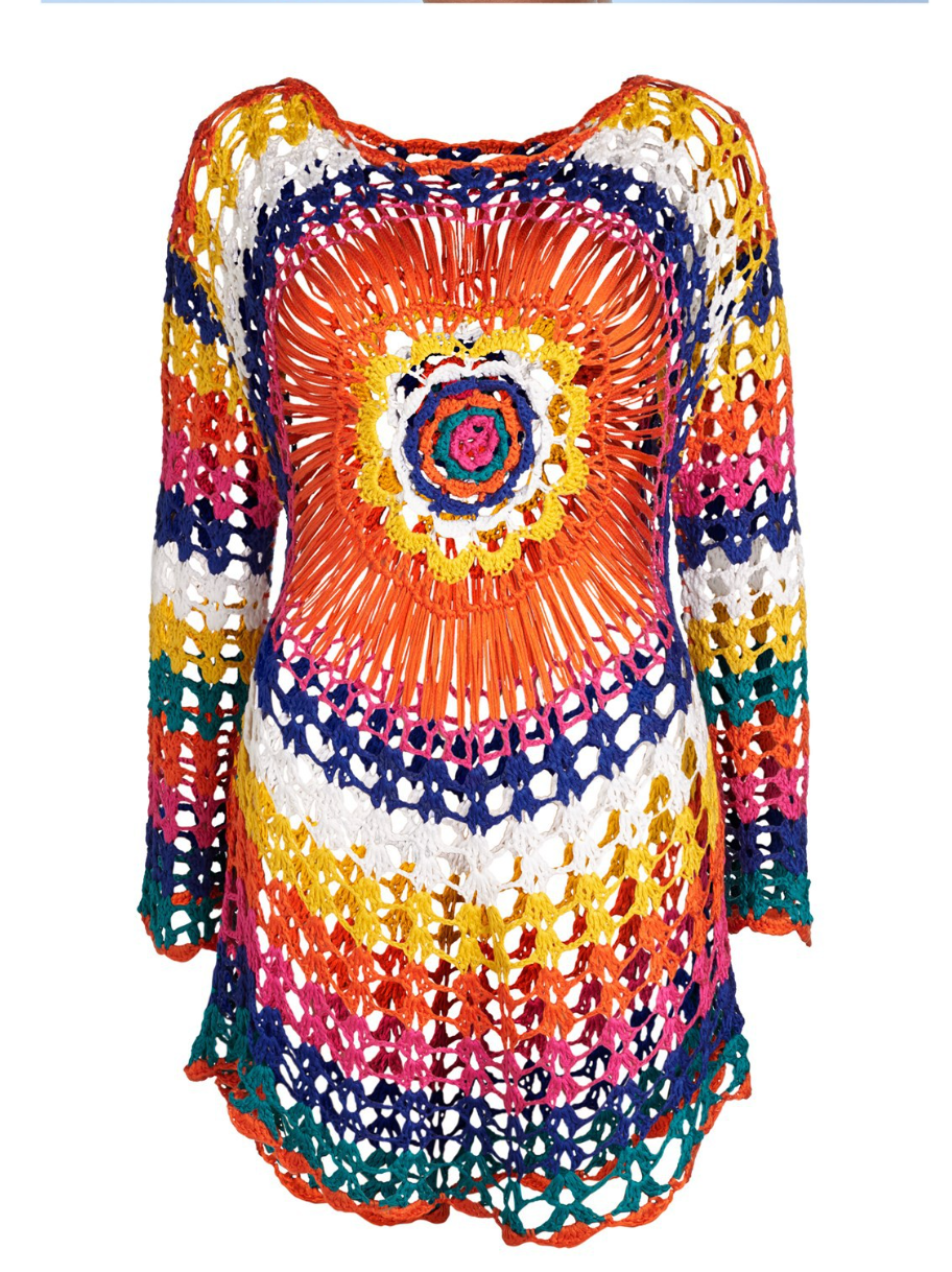 Colorful Hollowed Knit Outwear Beach Dress