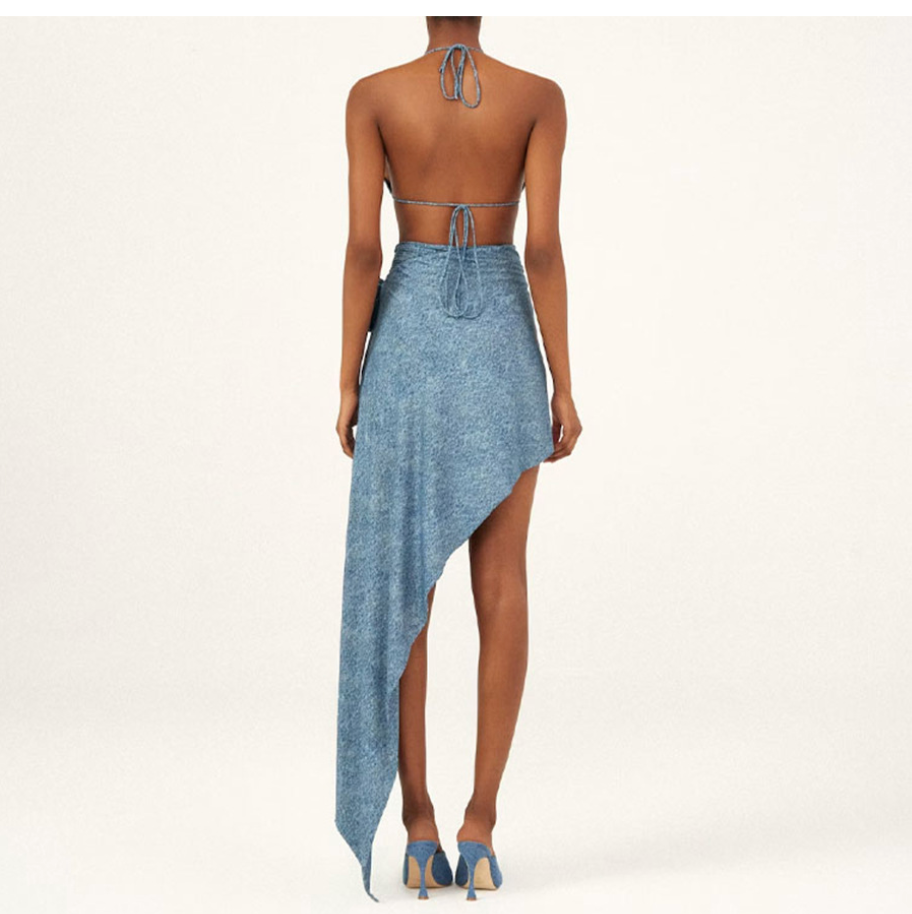 3D Flower Denim Blue Swimwear Set