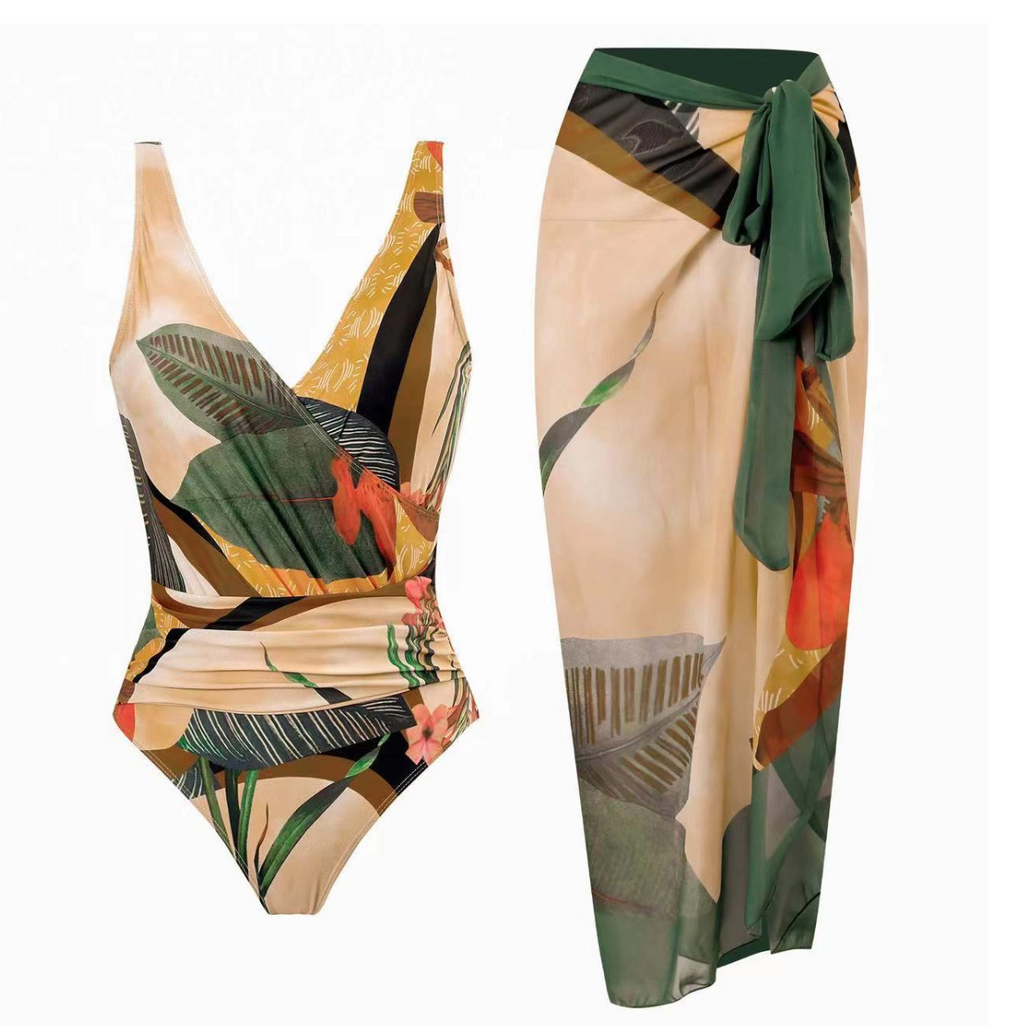 Printed One-piece Swimwear & Chiffon Skirt