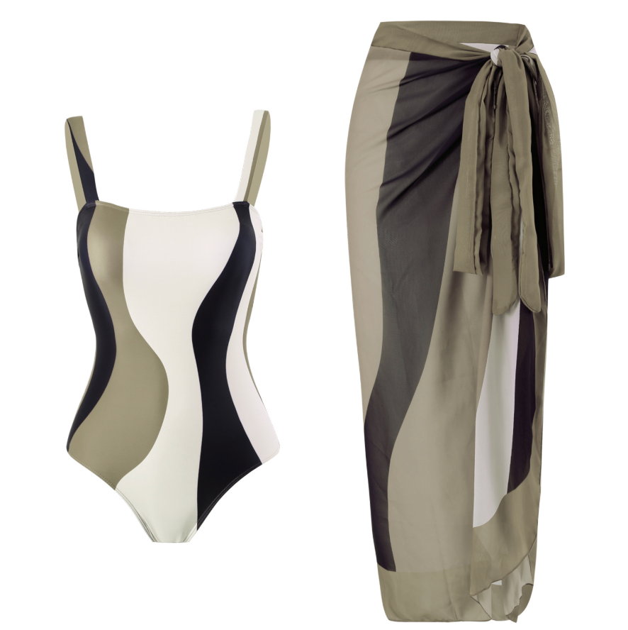 Printed Tankini & Chiffon Skirt Swimsuit Set