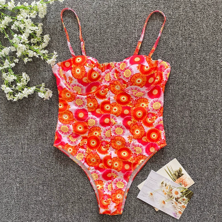 Printed Hollowed One-piece Slip Swimwear
