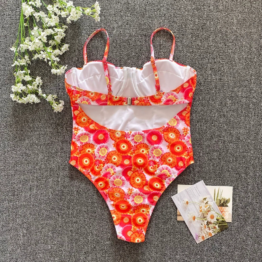 Printed Hollowed One-piece Slip Swimwear