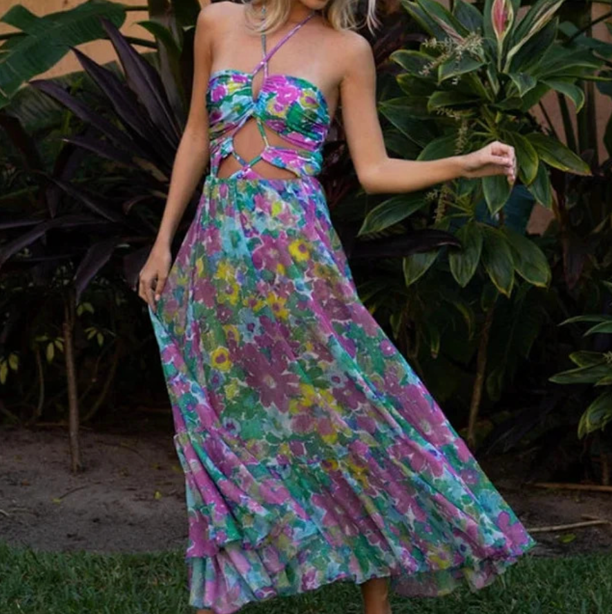 Purple Floral Printed Swimwear & Cardigan