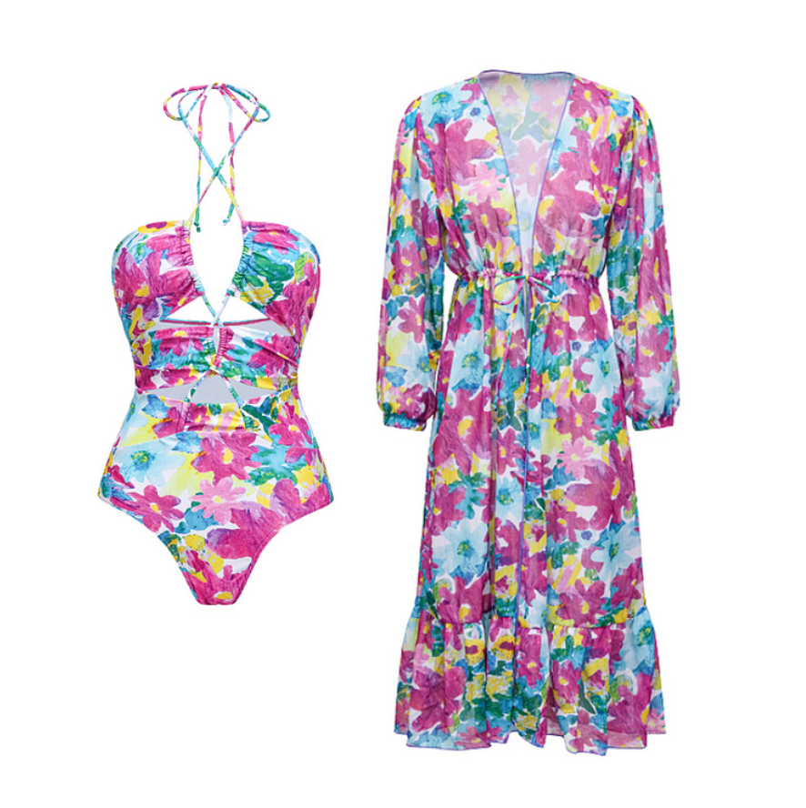 Purple Floral Printed Swimwear & Cardigan