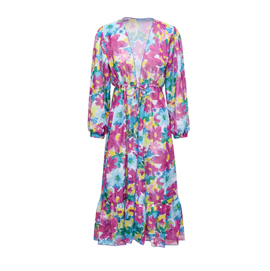 Purple Floral Printed Swimwear & Cardigan