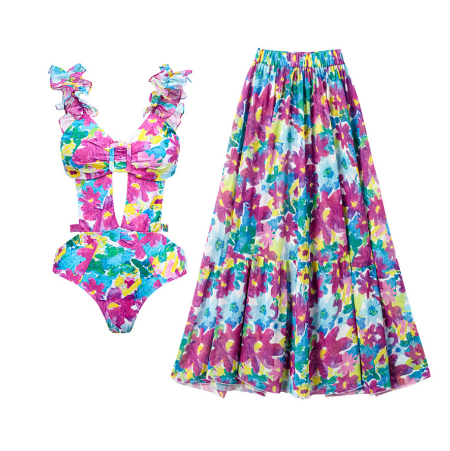 Purple Floral Printed Swimwear & Cardigan