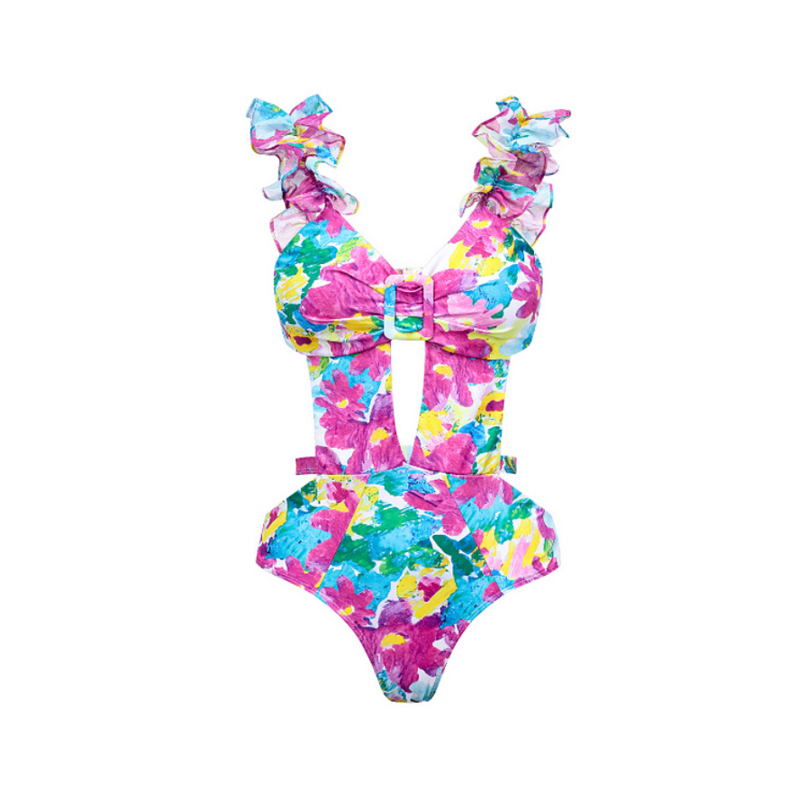 Purple Floral Printed Swimwear & Cardigan