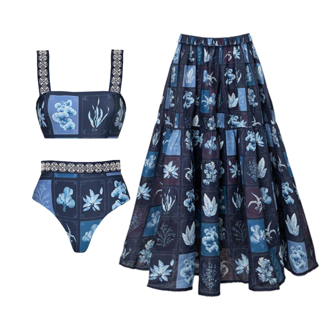 Blue Pattern Printed Swimwear & Umbrella Skirt