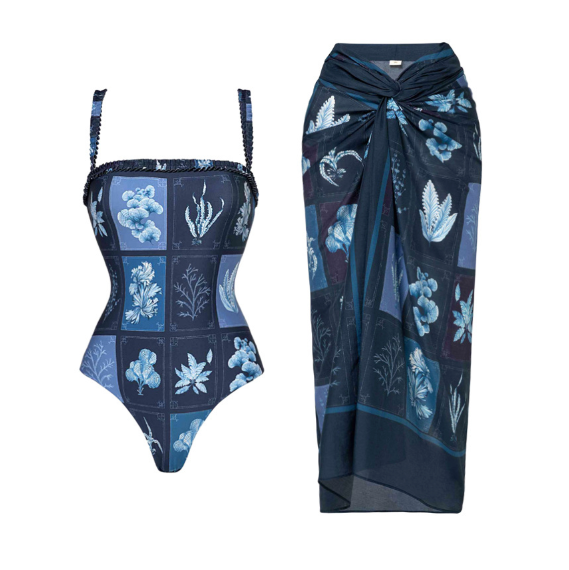 Blue Pattern Printed Swimwear & Umbrella Skirt