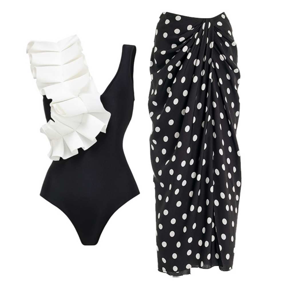 Black&White Polka Dot Swimwear & Skirt