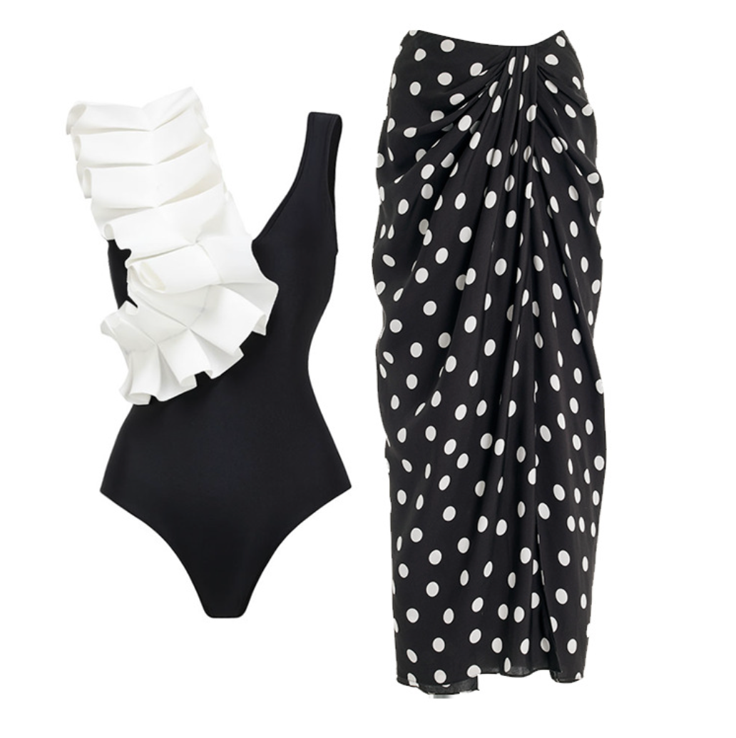 Black&White Polka Dot Swimwear & Skirt