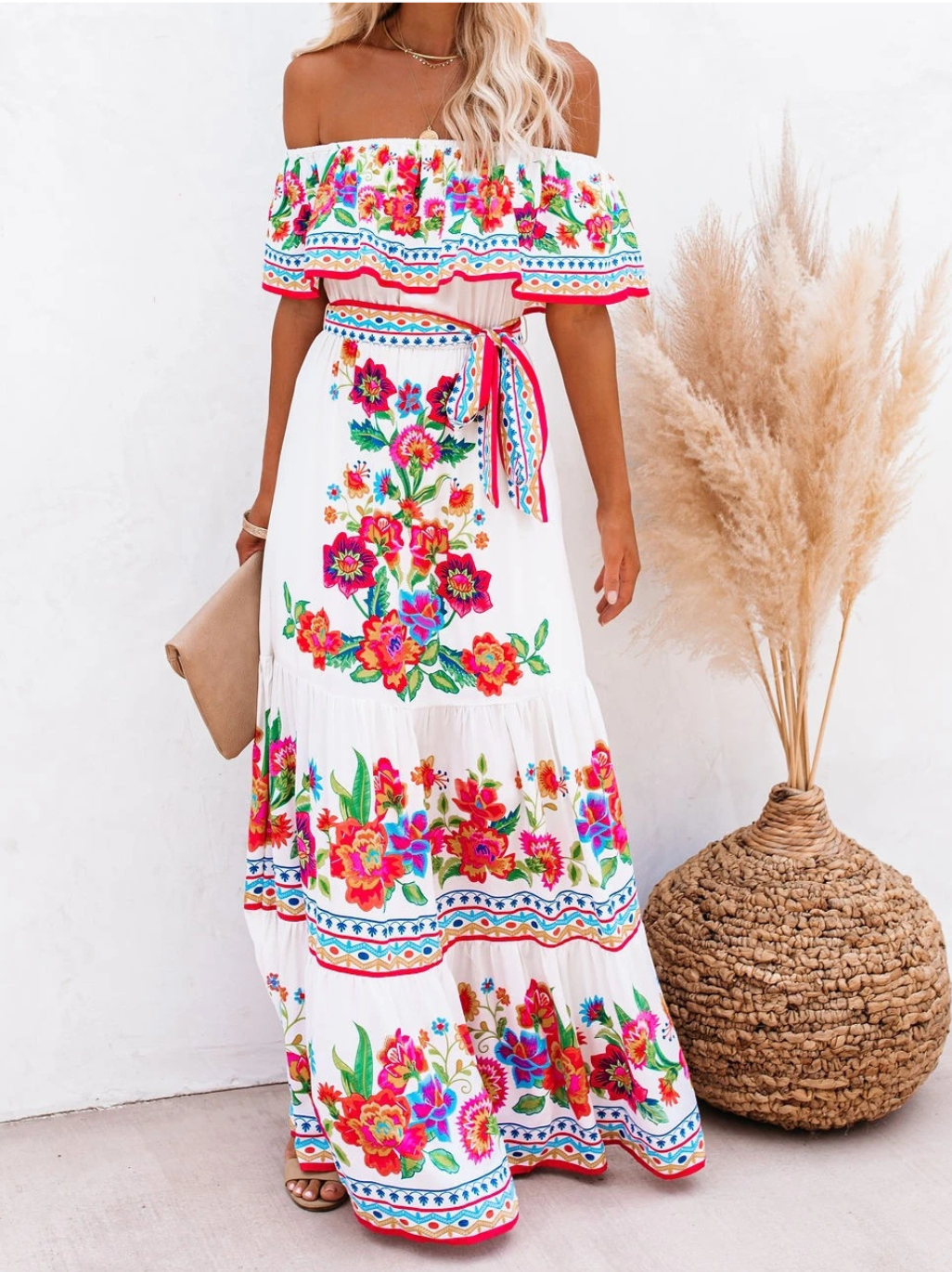 Off-shoulder Floral Printed Beach Dress