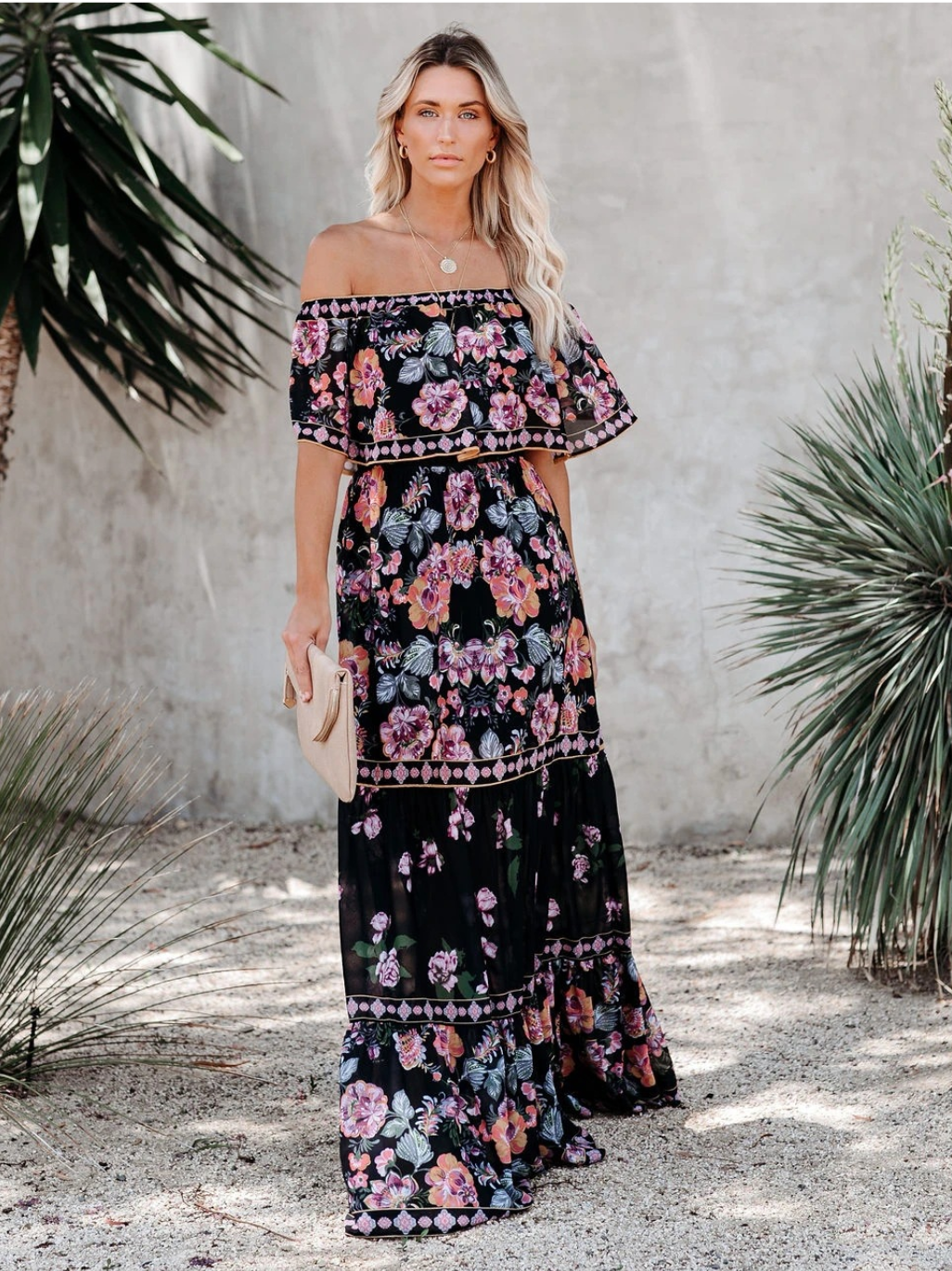 Off-shoulder Floral Printed Beach Dress
