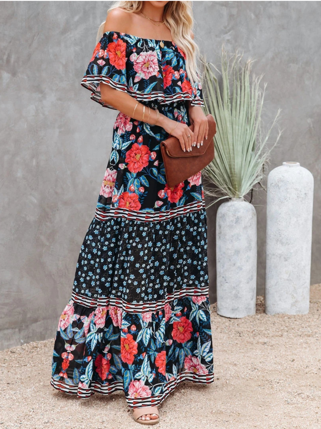 Off-shoulder Floral Printed Beach Dress