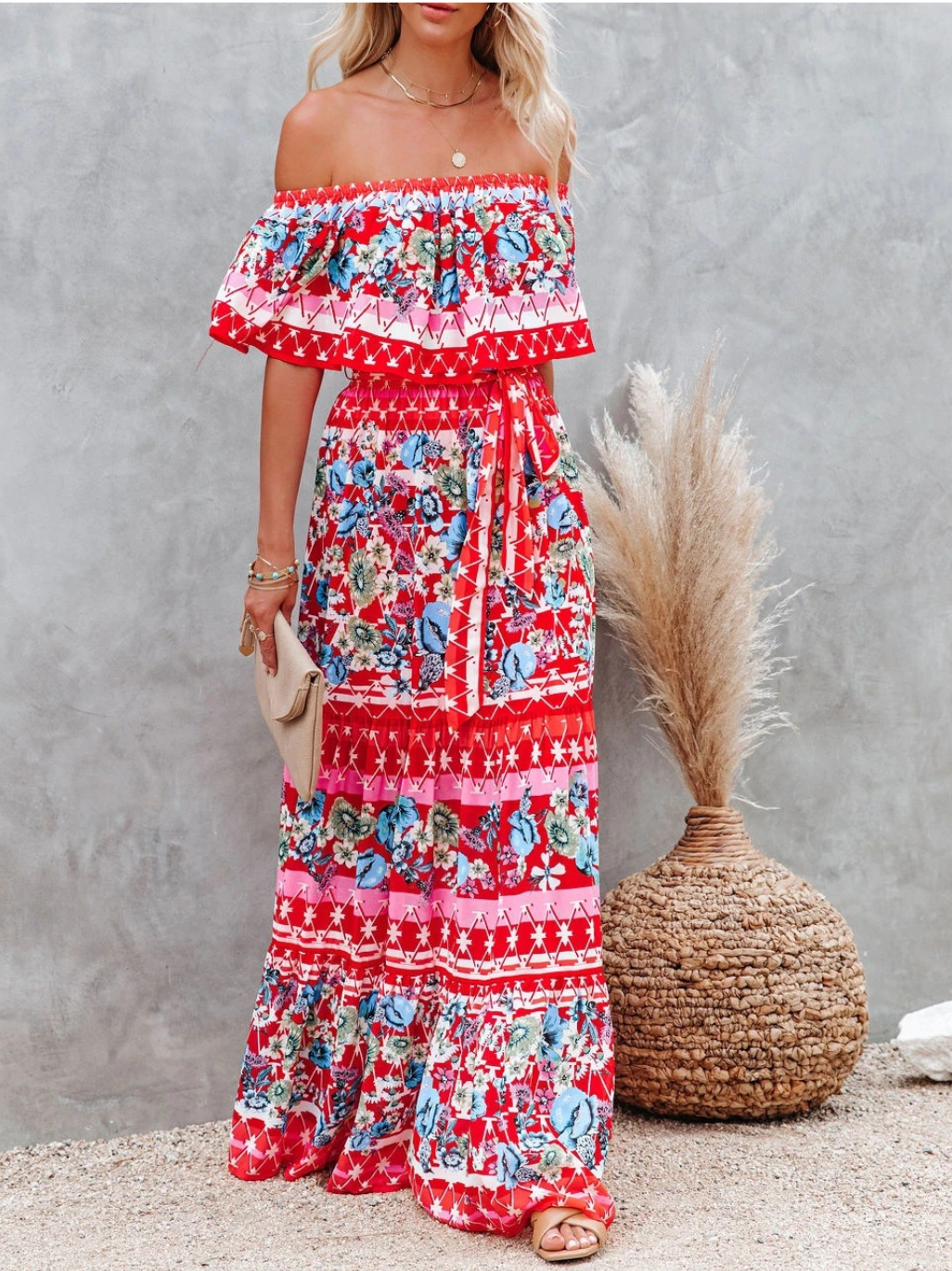 Off-shoulder Floral Printed Beach Dress