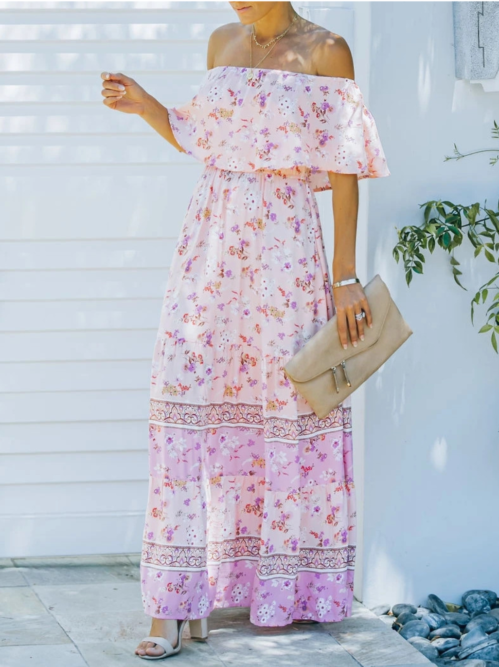 Off-shoulder Floral Printed Beach Dress