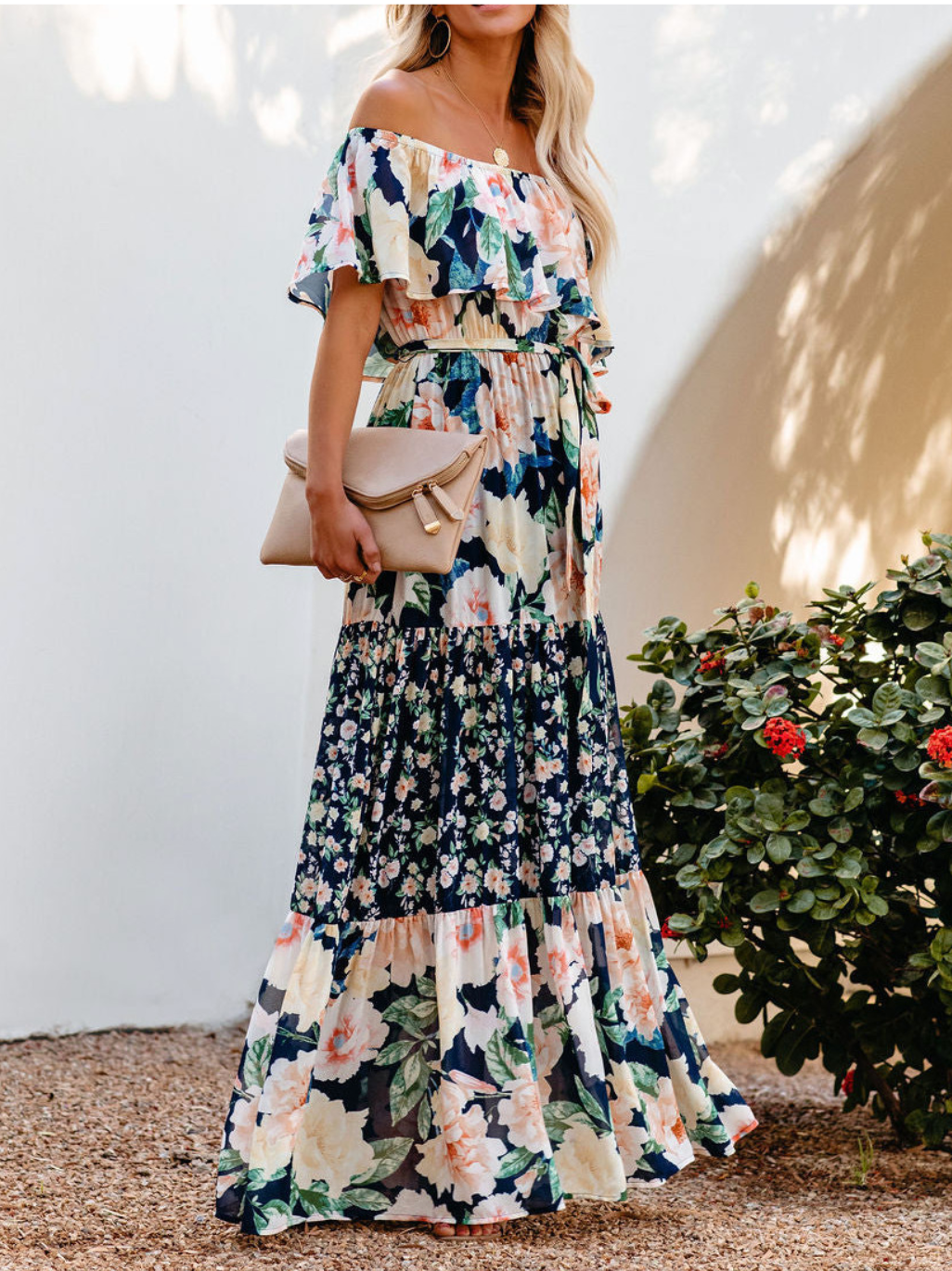 Off-shoulder Floral Printed Beach Dress
