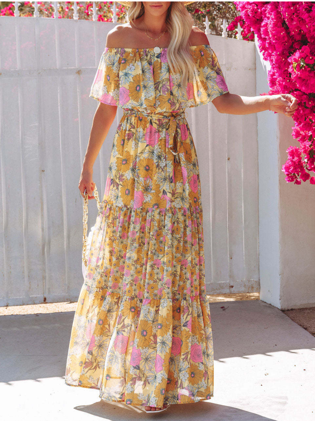 Off-shoulder Floral Printed Beach Dress