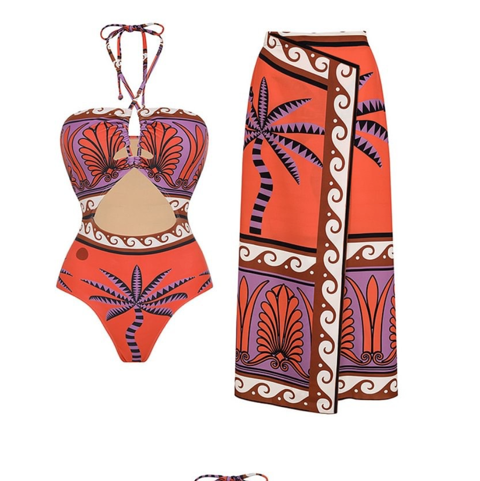 Hollowed Printed Halter Swimwear & Skirt