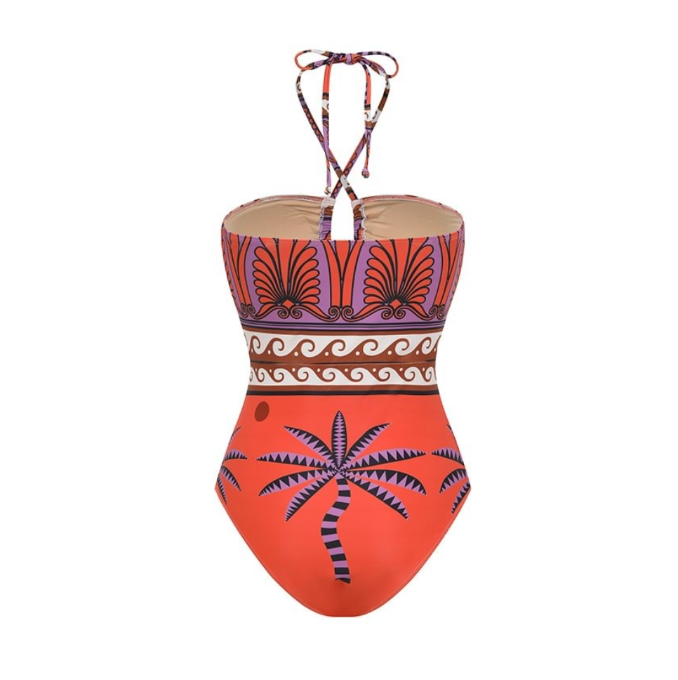 Hollowed Printed Halter Swimwear & Skirt