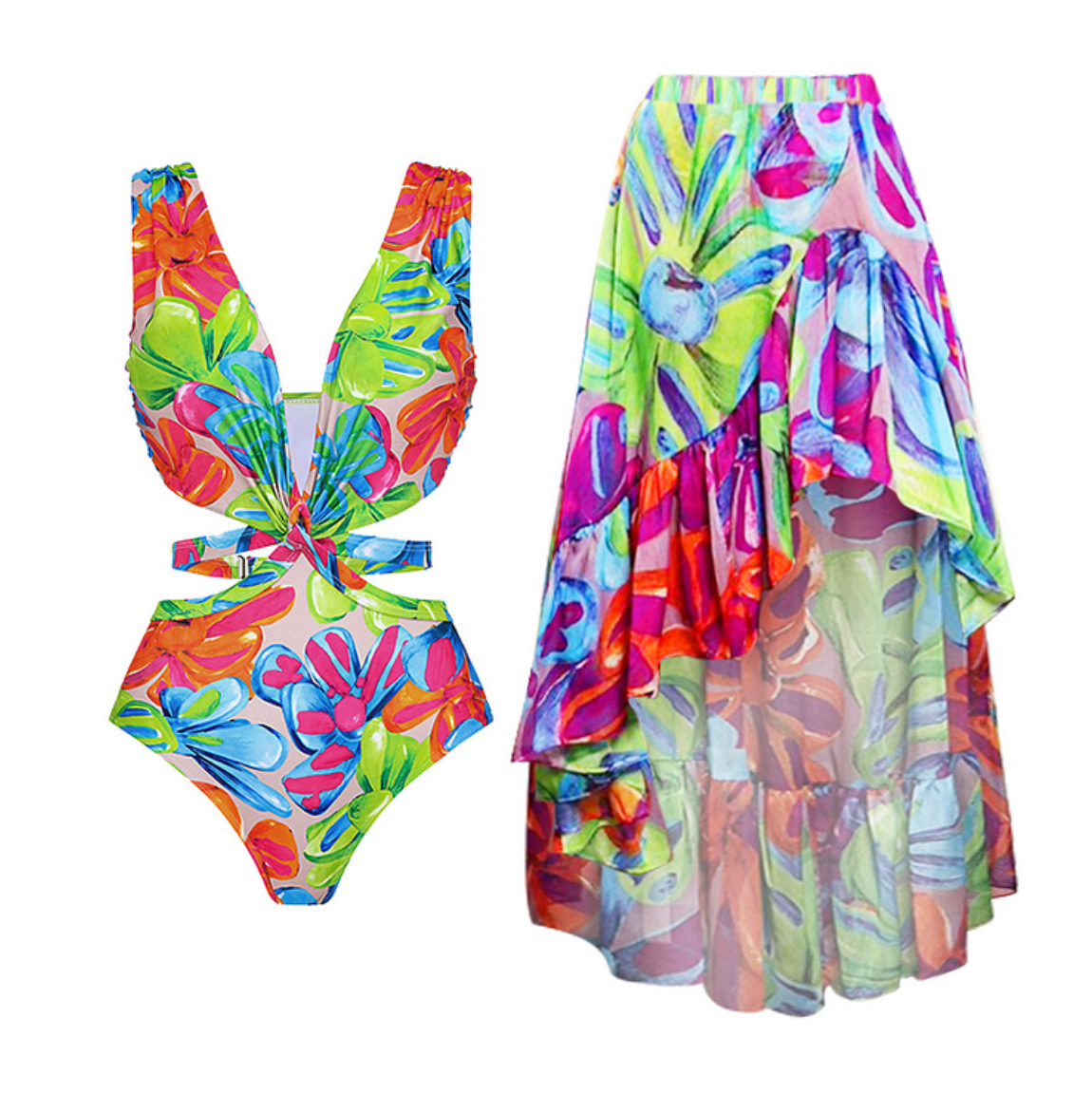 V-neck Colorful Printed Swimwear Sets