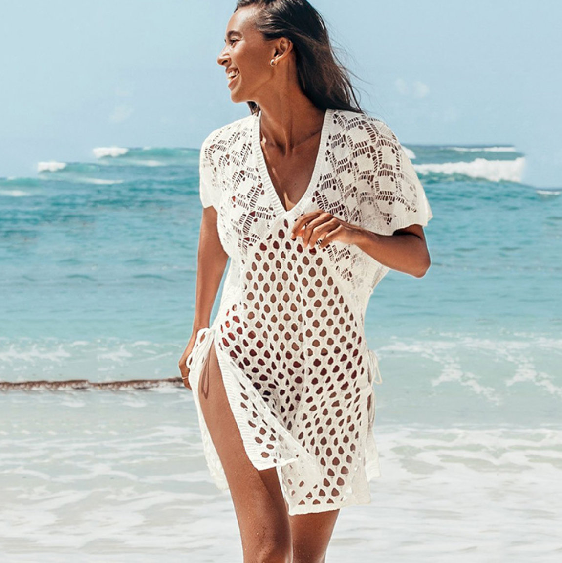 V-neck Solid Color Hollowed-knit Beach Dress