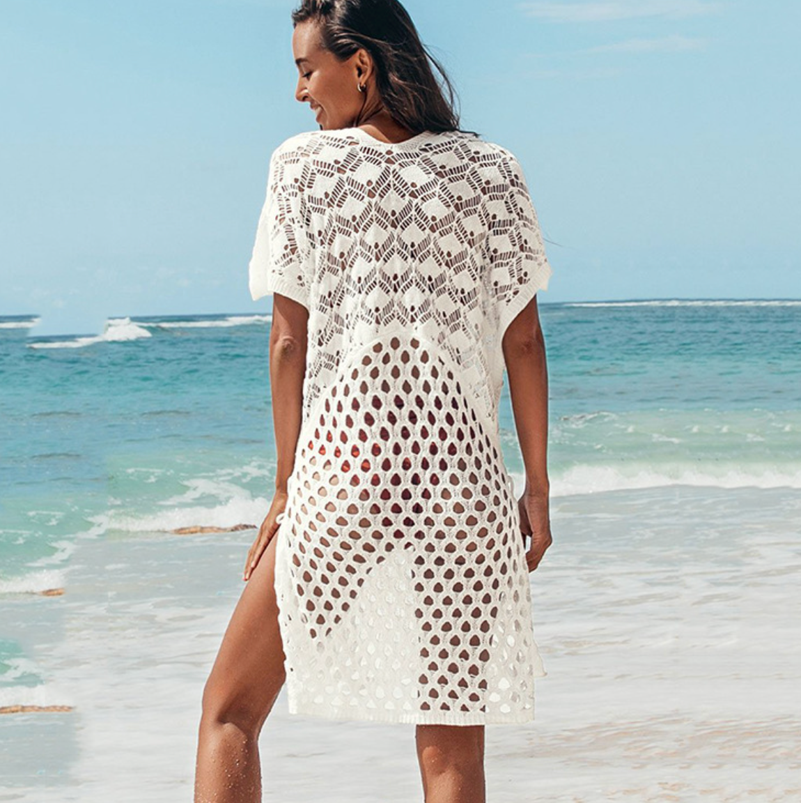 V-neck Solid Color Hollowed-knit Beach Dress