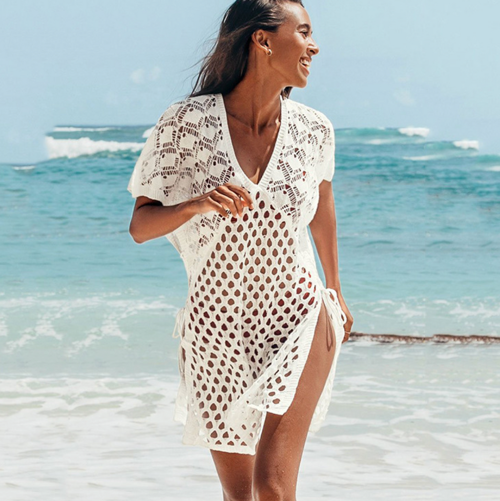 V-neck Solid Color Hollowed-knit Beach Dress