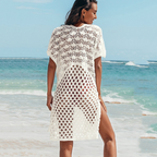 V-neck Solid Color Hollowed-knit Beach Dress