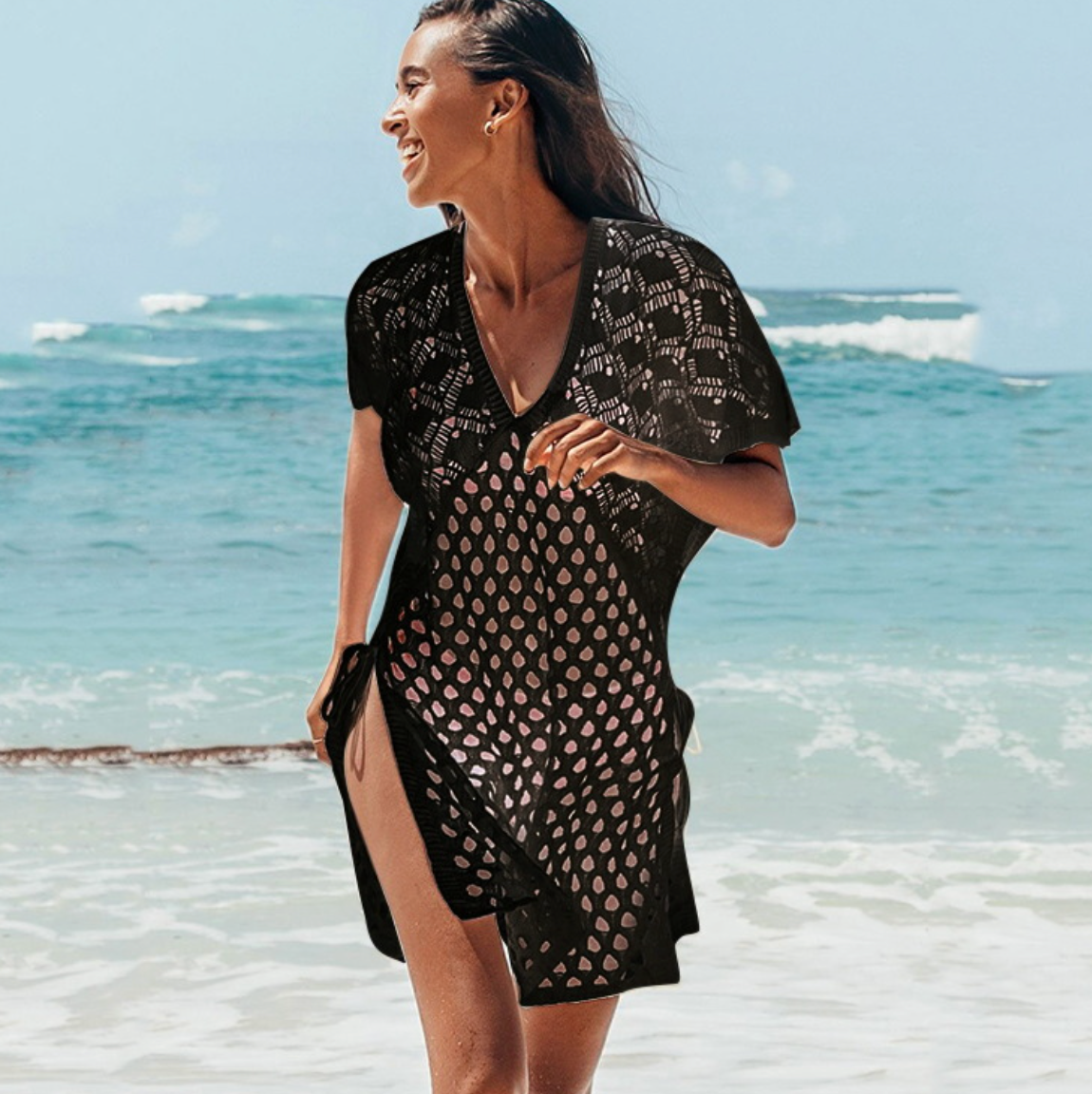 V-neck Solid Color Hollowed-knit Beach Dress
