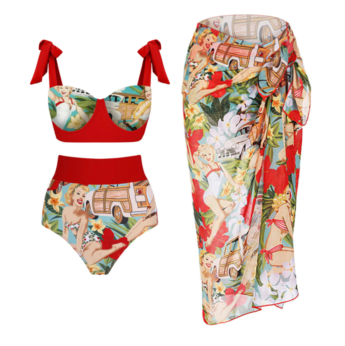 Vintage Drawing Printed Swimwear & Wrap Skirt
