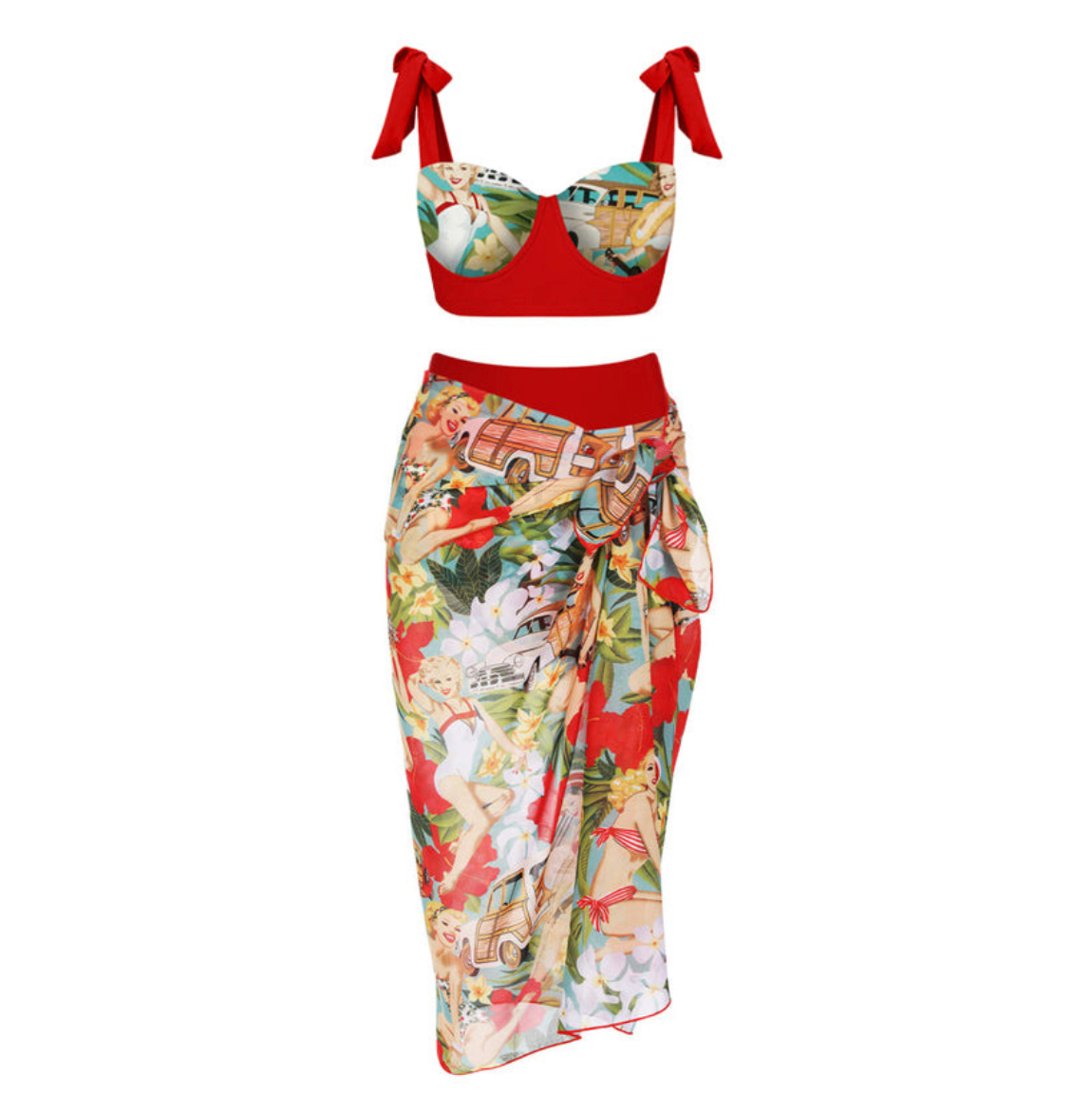 Vintage Drawing Printed Swimwear & Wrap Skirt