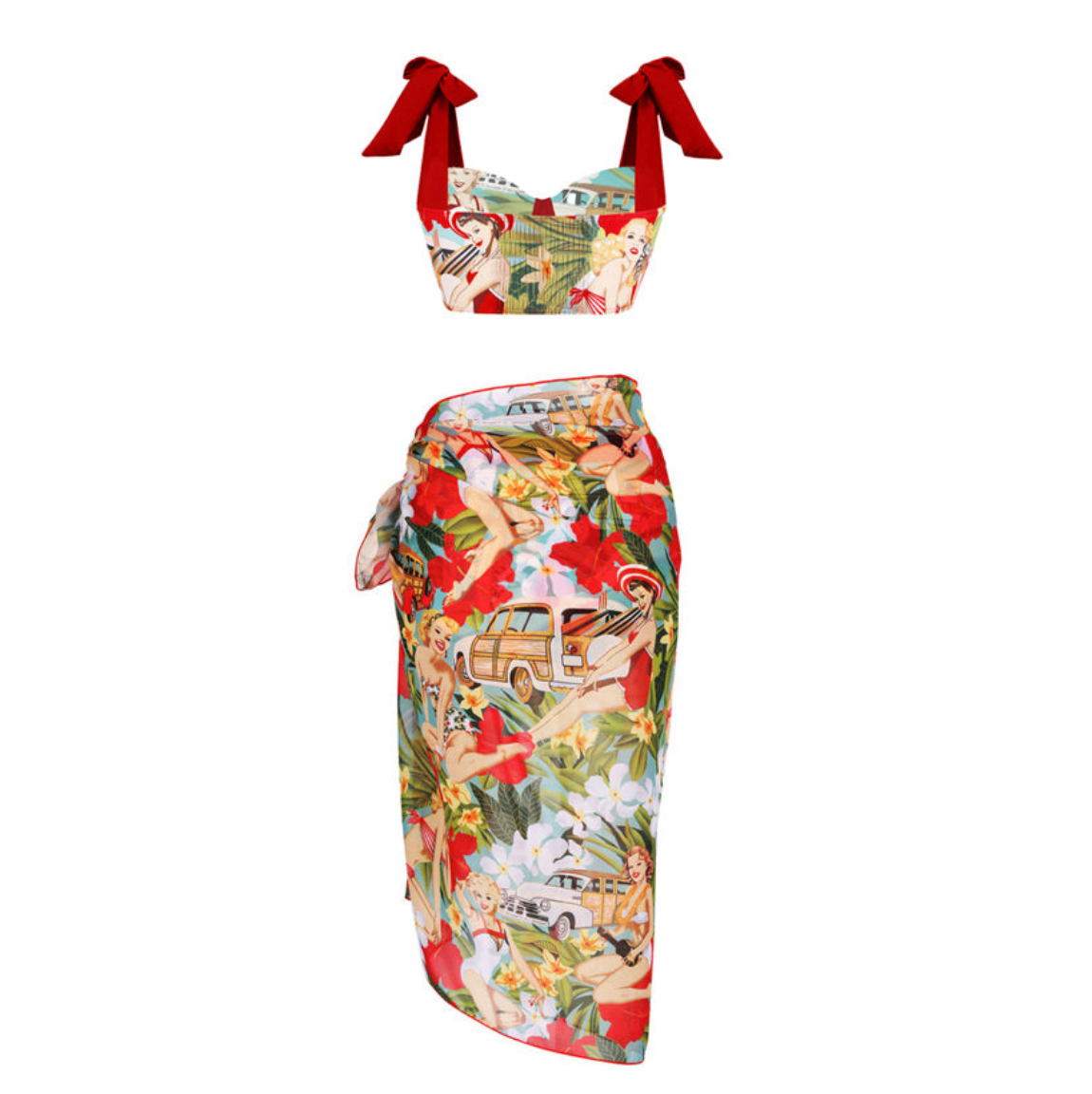 Vintage Drawing Printed Swimwear & Wrap Skirt