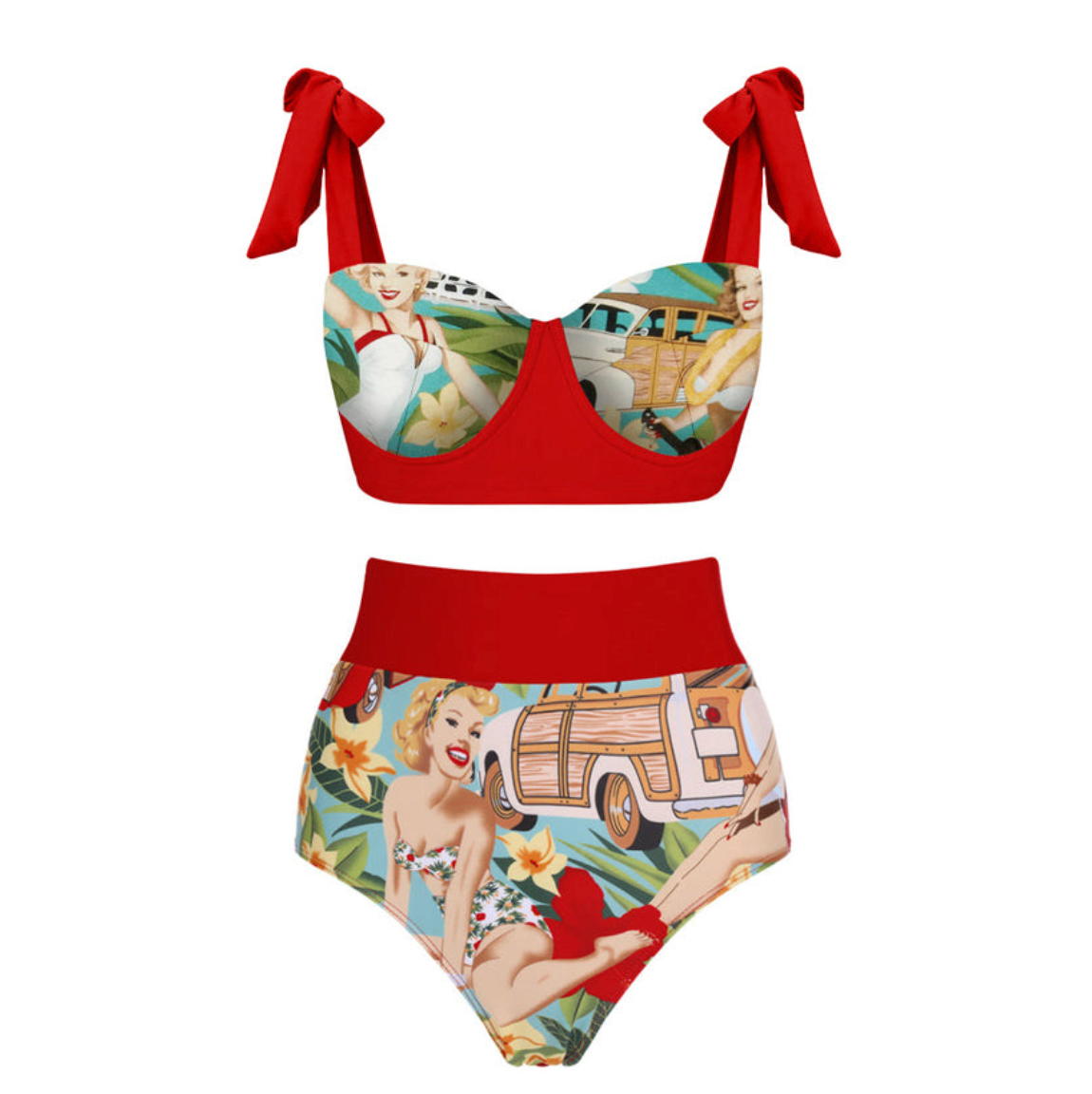Vintage Drawing Printed Swimwear & Wrap Skirt