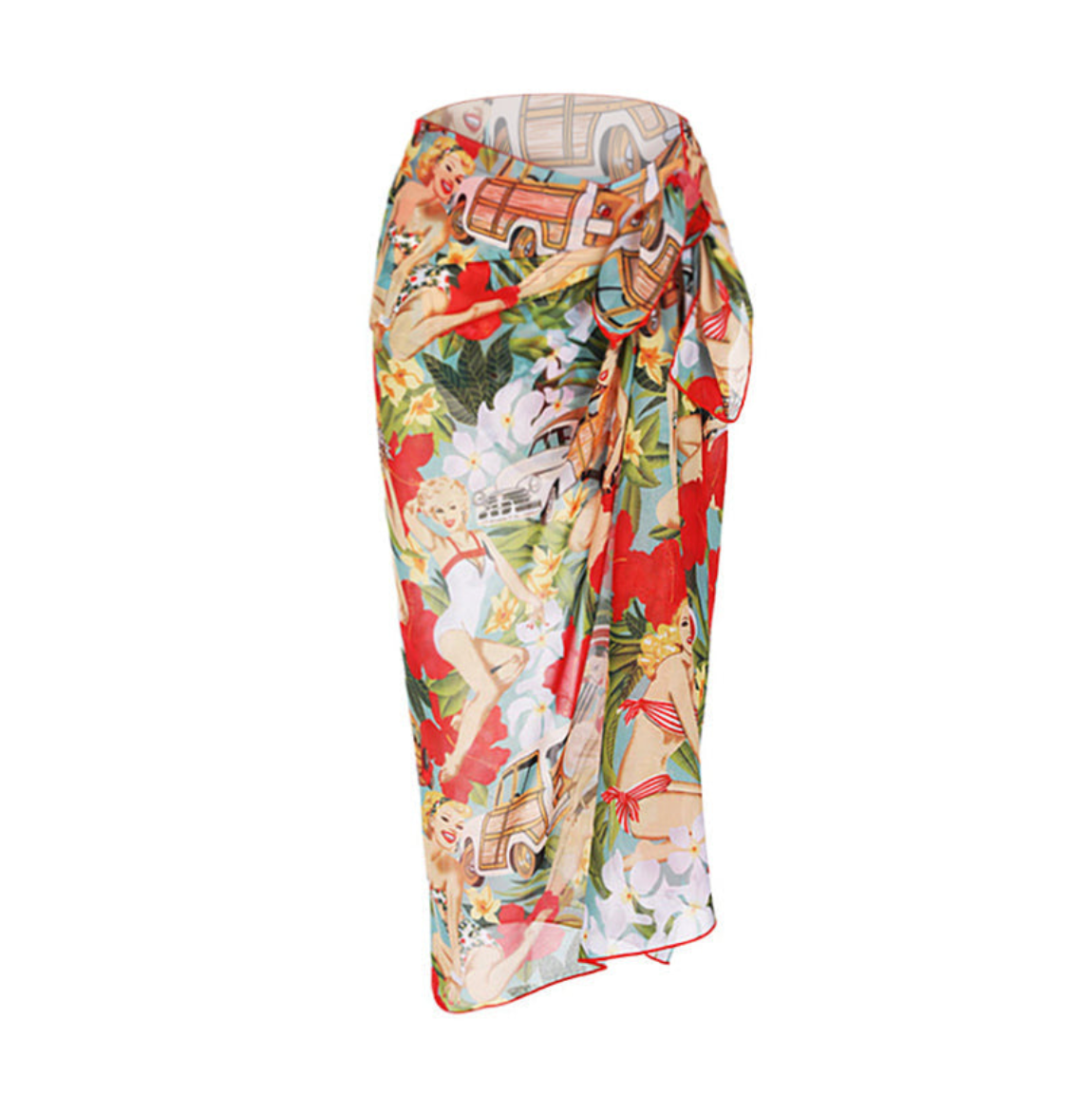 Vintage Drawing Printed Swimwear & Wrap Skirt