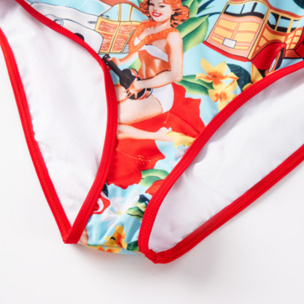 Vintage Drawing Printed Swimwear & Wrap Skirt