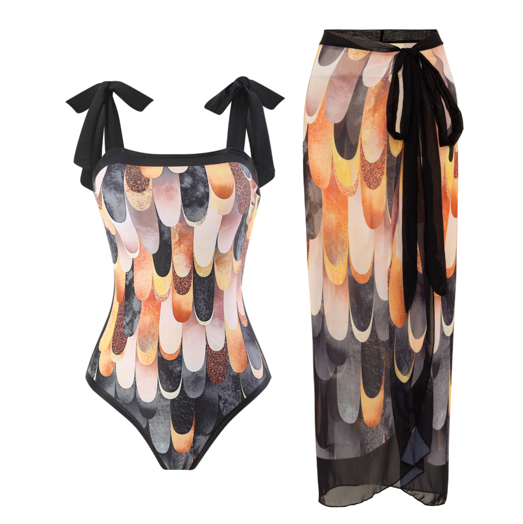 Pattern Printed Swimwear & Chiffon Skirt
