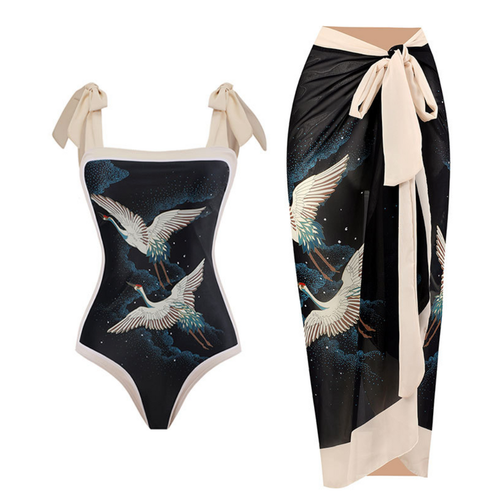 Pattern Printed Swimwear & Chiffon Skirt