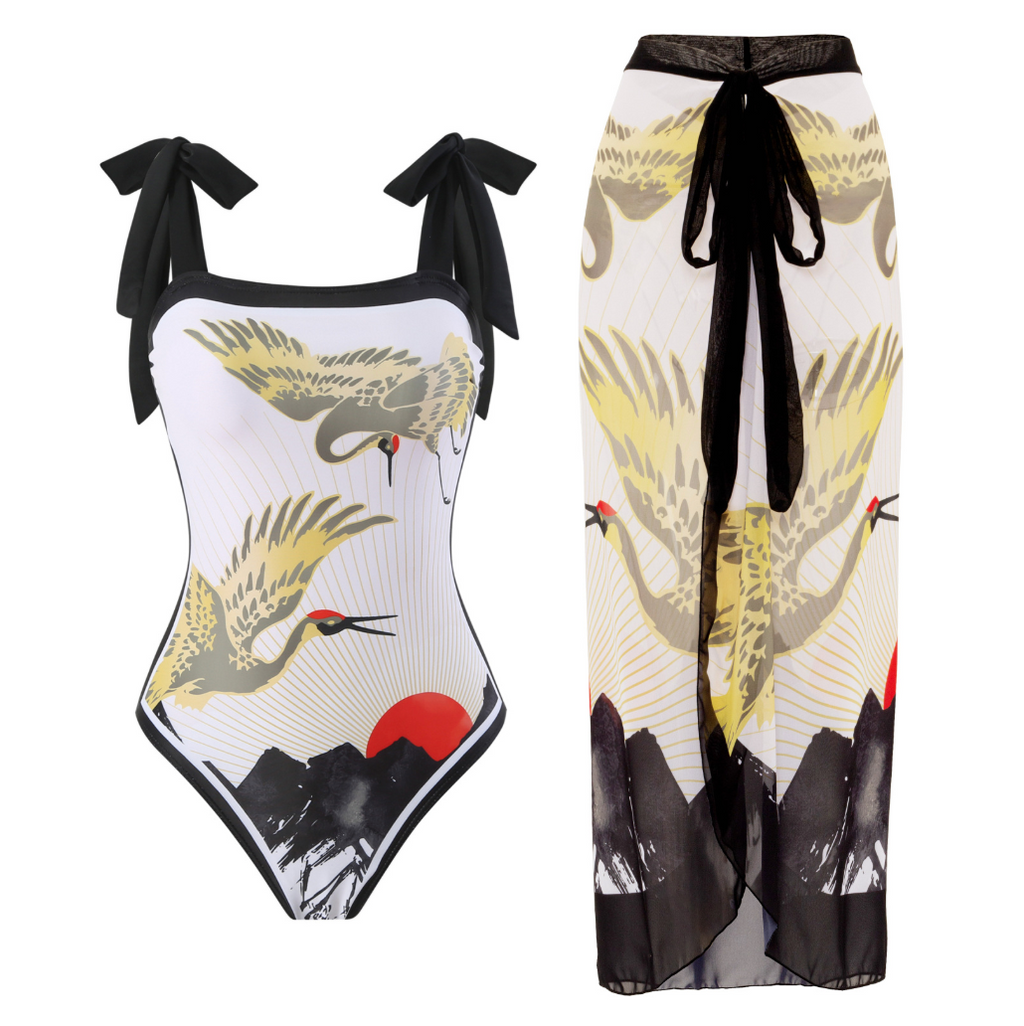 Pattern Printed Swimwear & Chiffon Skirt