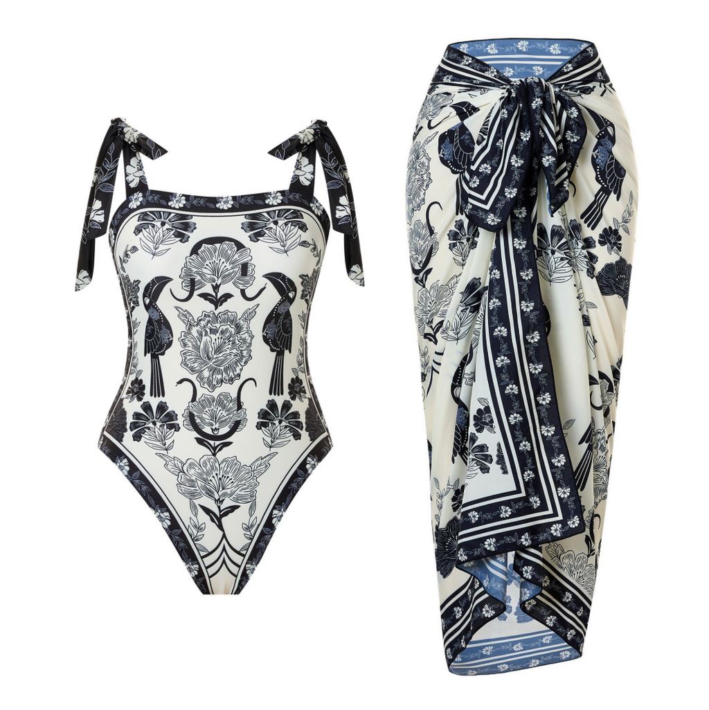 Pattern Printed Swimwear & Chiffon Skirt