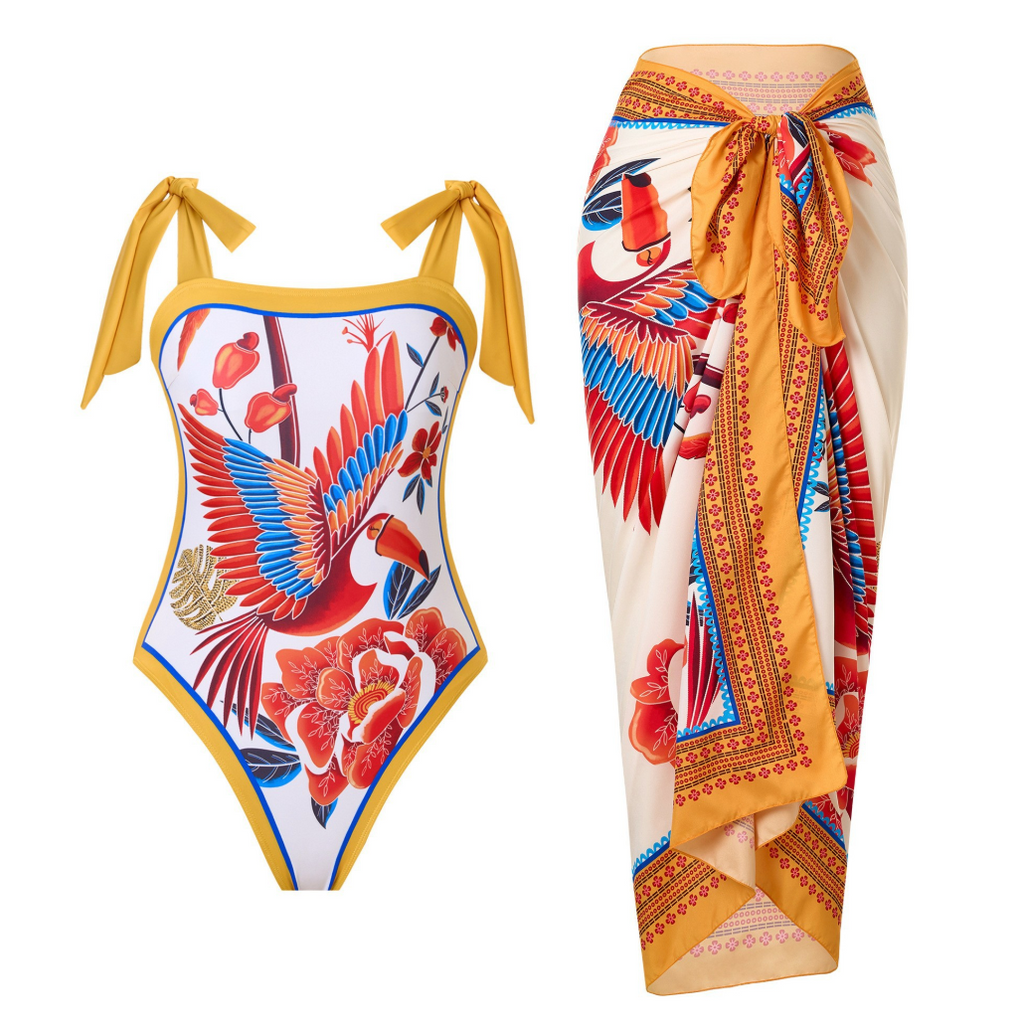 Pattern Printed Swimwear & Chiffon Skirt